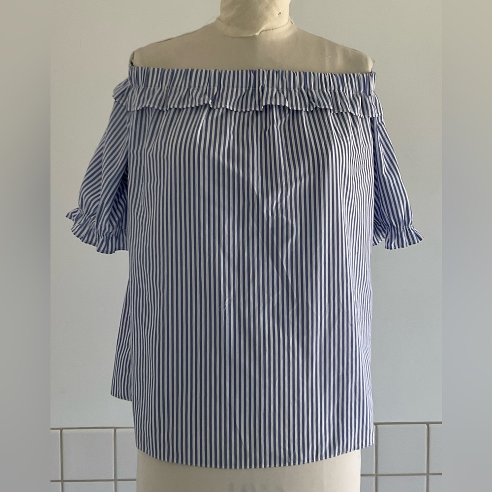 Vineyard Vines Off-Shoulder Adorable Blue and White Blouse 100% Cotton NWT